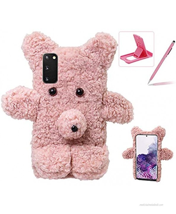 Curly Plush Case for Oneplus Nord N100,Herzzer Lovely Cute Fuzzy Furry Winter Wool Warm 3D Bear Toy Doll Soft TPU Fluffy Silicone Rubber Back Case,Pink