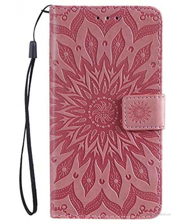 Cute Wallet Case for iPhone 12 Mini 5.4,Strap Flip Case iPhone 12 Mini 5.4,Herzzer Retro Elegant Pink Mandala Flower Pattern Stand Magnetic Leather Case with Soft Rubber