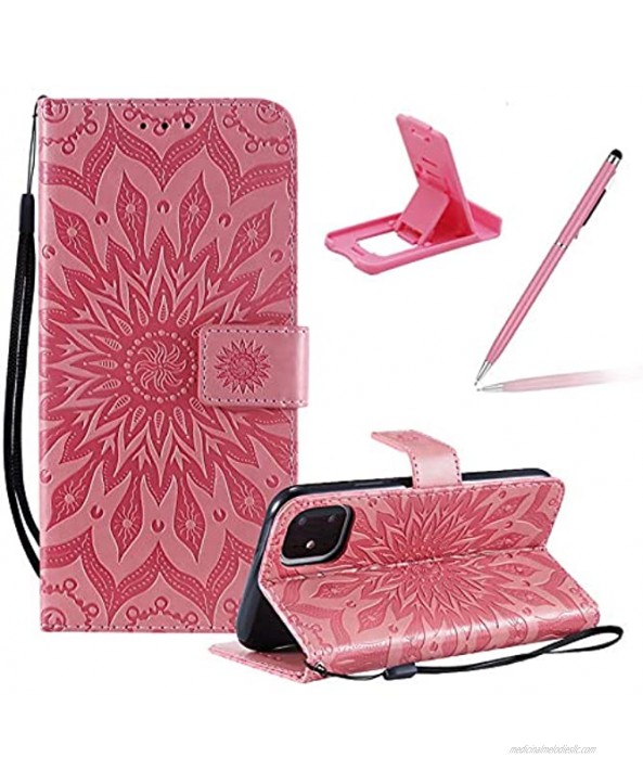 Cute Wallet Case for iPhone 12 Mini 5.4,Strap Flip Case iPhone 12 Mini 5.4,Herzzer Retro Elegant Pink Mandala Flower Pattern Stand Magnetic Leather Case with Soft Rubber