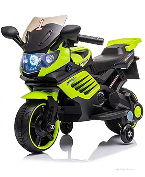 Electric Two-Wheeler Single Drive Motorcycle Dirt Bike with 2 Training Wheels Children's Motorcycle with LED Headlights Horn Siren Music ​Green