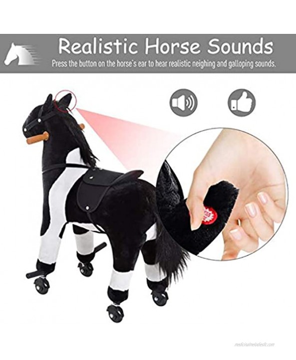 UP6Per Riding Toys Horse Riding Toy 30 inch Black Plush Mechanical Walking Ride On Horse Toy with Wheels for Kids Age 3+ Years Ride on Horse