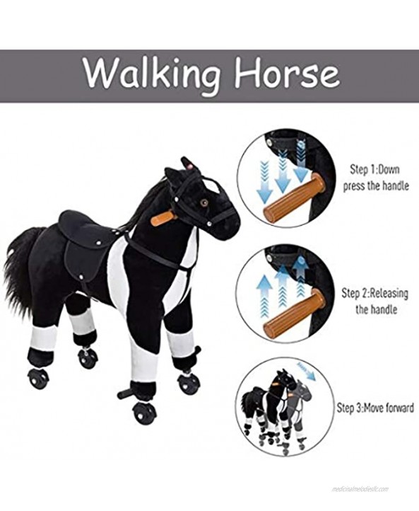 UP6Per Riding Toys Horse Riding Toy 30 inch Black Plush Mechanical Walking Ride On Horse Toy with Wheels for Kids Age 3+ Years Ride on Horse