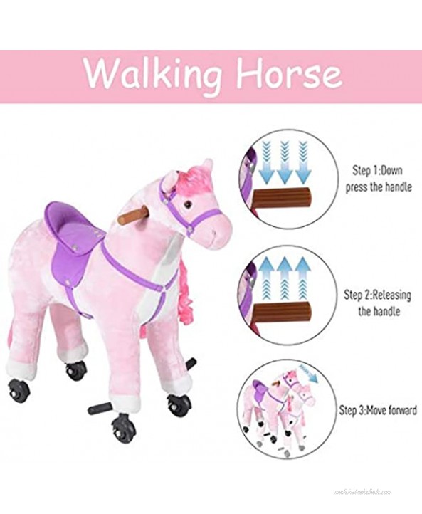 UP6Per Riding Toys Pink Ride on Horse Toy Plush Mechanical Walking Ride On Horse Toy with Wheels Kids Plush Toy Rocking Horse Ride on Horse