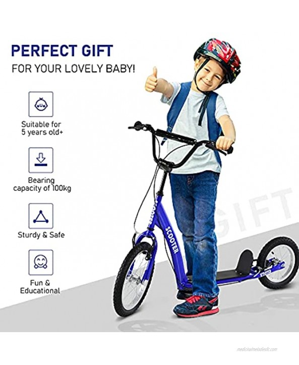 Aosom Youth Kick Scooter Adjustable Handlebar Teens Ride On Toy for 5+ w Front and Rear Dual Brakes Inflatable Wheels Blue
