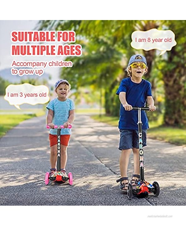 CAROMA Kick Scooter for Kids 3 Wheels Toddlers Scooter for Boys & Girls 4 Adjustable Height Lean to Steer Kids Scooter with Extra-Wide Deck and LED Light Up Wheels Best Gift for Kids Ages 3-12