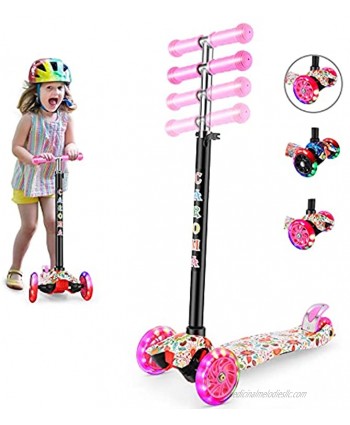CAROMA Kick Scooter for Kids 3 Wheels Toddlers Scooter for Boys & Girls 4 Adjustable Height Lean to Steer Kids Scooter with Extra-Wide Deck and LED Light Up Wheels Best Gift for Kids Ages 3-12
