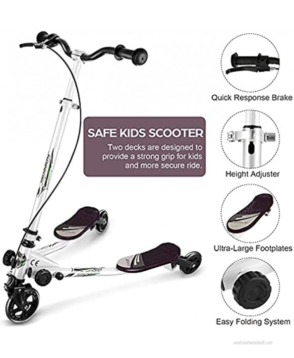 Foldable 3 Wheel Swing Wiggle Scooter with 3-Level Adjustable Height Handle and Quick-Release Folding System Wiggle Scooter for Kids Ages 3-12