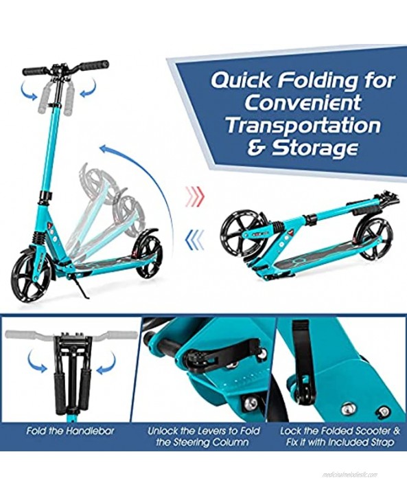 Goplus Foldable Kick Scooter Scooters w Large 8 LED Light-Up Wheels Height-Adjustable T-Bar Shock-Absorbing System Shoulder Strap Non-Slip Deck & Foot Brake Scooters for Adults Teens Kids 8 Years and Up