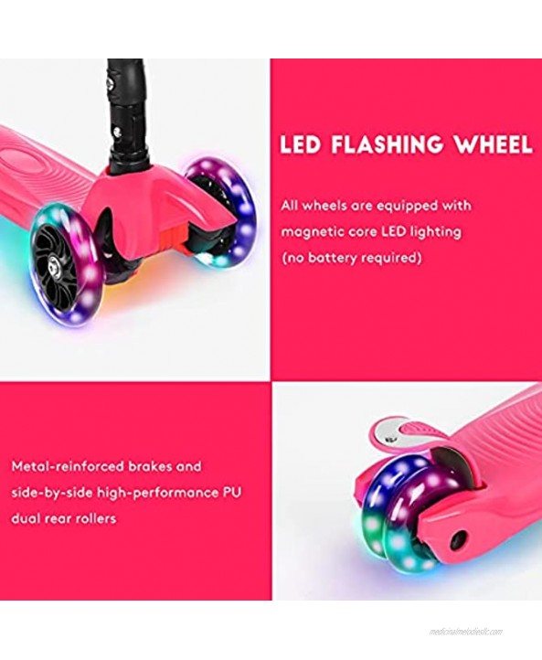 IMMEK Kick Scooter for Kids 3 Wheels Folding Ages 3-12 Years Old Toddler with Three LED Light Wheel Adjustable Height Rear Brake Outdoor Activities for Boys Girls Maximum Weight 110 lb
