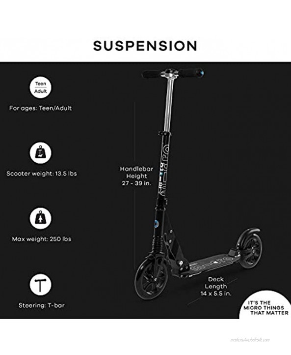 Micro Kickboard Suspension Scooter Two Wheeled Fold-to-Carry Swiss-Designed Micro Scooter for Teens & Adults with Large Wheels and Patented Suspension for Ages 13+ Black