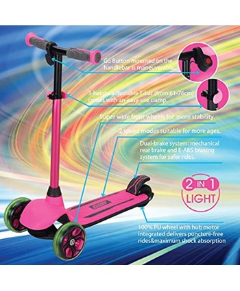 Rugged Racers Kid's Electric 3-Wheel Kick Scooter Battery Powered Motor with Dual Brake System PU LED Light Up Wheels Lean 2 Turn Ride on Toys for Kids Ages 6+