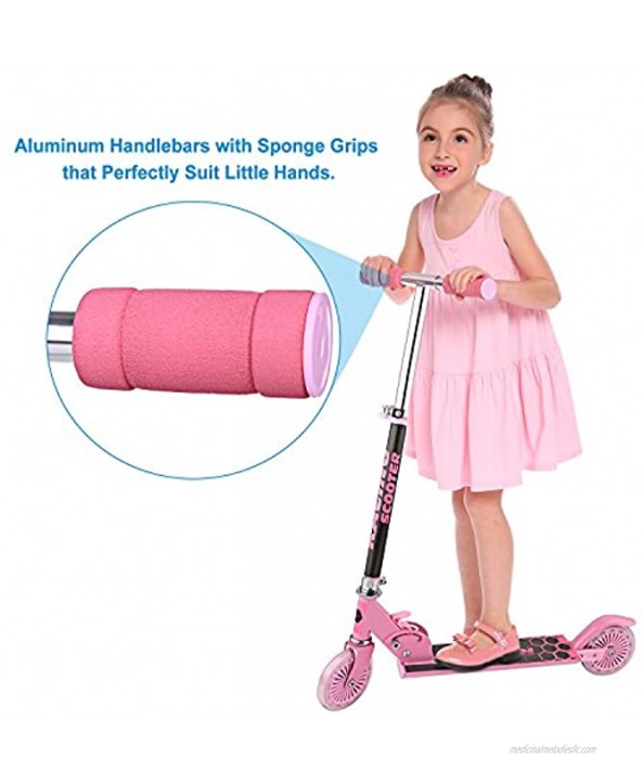 Scooter for Kids Folding Scooters with LED Light Up 2 Wheels Adjustable Height Rear Fender Kick Scooters for Girls Boys Toddler Ages 3-12 Years Bearing Capacity 110lb