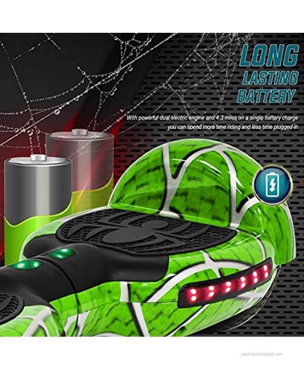Spider Theme Hoverboard for Kids Ages 6-12 6.5 Inch Wheels LED Lights Bluetooth Speakers Safety Standard Certification