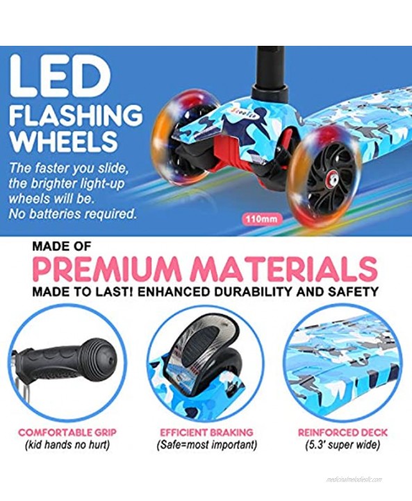 VOKUL Kick Scooter for Kids 3 Wheel Scooter for Toddlers Girls & Boys 4 Adjustable Height Lean to Steer with LED Light Up Wheels for Children