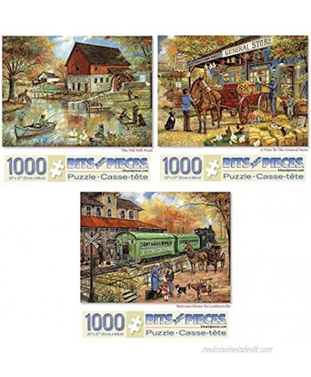 Bits and Pieces Value Set of Three 3 1000 Piece Jigsaw Puzzles for Adults Each Puzzle Measures 20" X 27" 1000 pc The Old Mill Pond General Store Lambertville Jigsaws by Artist Ruane Manning