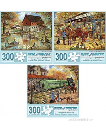 Bits and Pieces Value Set of Three 3 300 Piece Jigsaw Puzzles for Adults Each Puzzle Measures 18" X 24" 300 pc The Old Mill Pond General Store Lambertville Jigsaws by Artist Ruane Manning