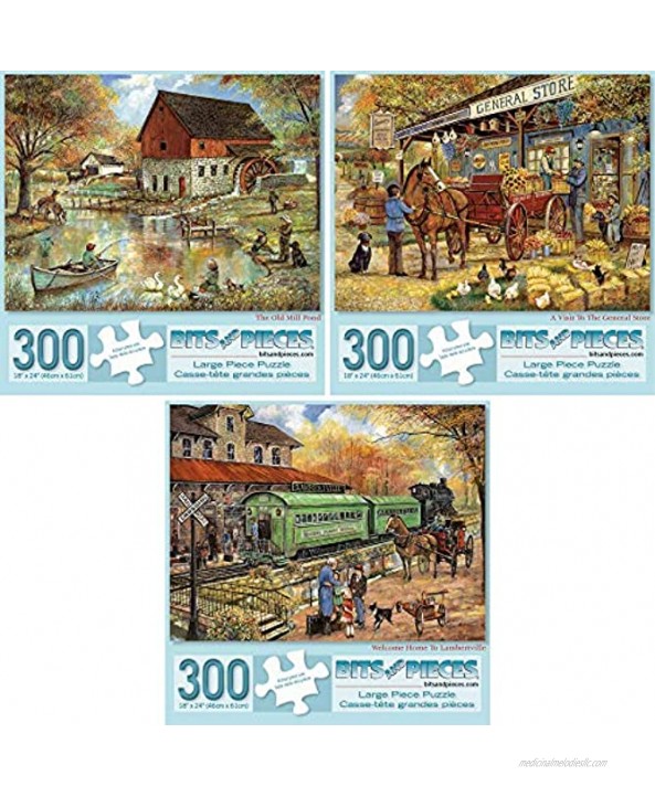 Bits and Pieces Value Set of Three 3 300 Piece Jigsaw Puzzles for Adults Each Puzzle Measures 18 X 24 300 pc The Old Mill Pond General Store Lambertville Jigsaws by Artist Ruane Manning