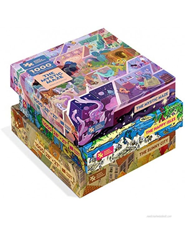 Magic Puzzles 3-Pack: The Happy Isles The Mystic Maze & The Sunny City 1000 Piece Jigsaw Puzzles from The Magic Puzzle Company