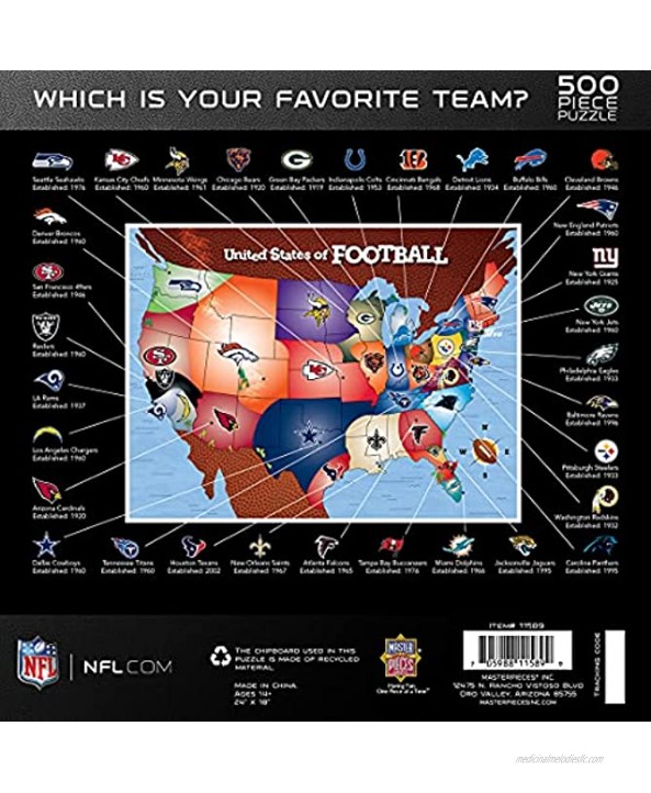 MasterPieces Licensed Standard Puzzles Collection NFL Football Map 500 Piece Jigsaw Puzzle