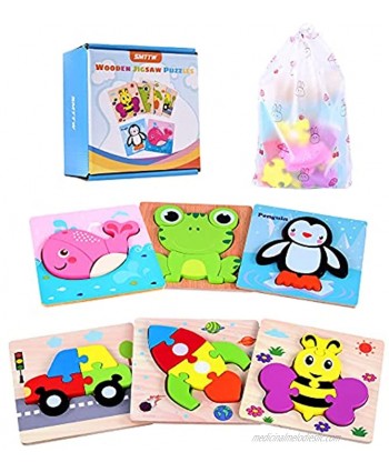 SMTTW Toddler Puzzles Montessori Toys for 1 Year Old Wooden Puzzles for Toddlers 1-3 Boys & Girls Learning Educational Toys Gift with 4 Animals&2 Vehicle Patterns with Drawstring Storage Bag