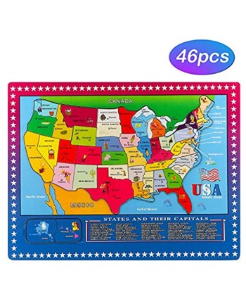 Wondertoys 46 Pieces Wooden USA Map Puzzle for Kids US Map Puzzle Educational Geography Puzzles United States Map Puzzle for Boy Girl