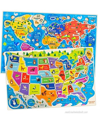 Wooden Puzzles for Kids Ages 4-8 by Quokka – 2 Toddler Educational Toys for 3-5-7 for Learning World and USA Map – Gift Toys for 4 5 Year Old Boys and Girls Preschool Learning Jigsaws Game 6-8-10
