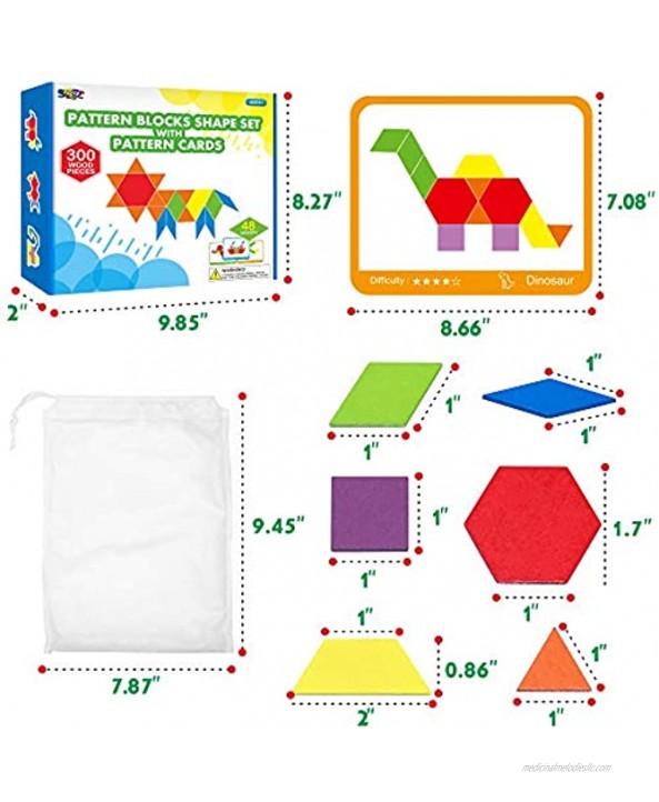 300 PCS Wooden Pattern Blocks Set for Kids with 24 Double-Sided Design Cards48 Patterns and Storage Bag in Gift Box,Fun Montessori Learning Toys