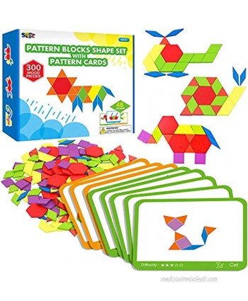 300 PCS Wooden Pattern Blocks Set for Kids with 24 Double-Sided Design Cards48 Patterns and Storage Bag in Gift Box,Fun Montessori Learning Toys