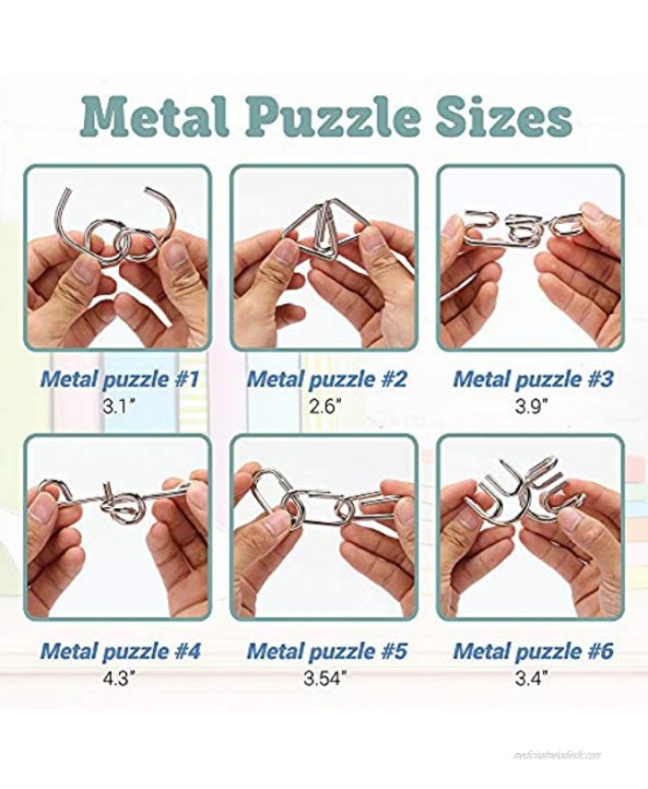 Brain Teasers Metal and Wooden Puzzles for Kids and Adults 9 Pack Mind IQ and Logic Test and Handheld Disentanglement Games 3D Coil Cast Wire Chain and Durable Wood Educational Toys
