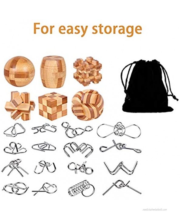 Brain Teasers Wooden and Metal Wire Puzzles 22Pcs Unlock Interlock 3D Brain Puzzle Games IQ Test Toys for Kids Adults