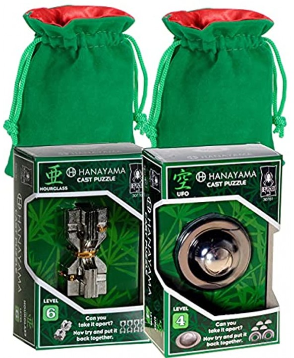 Hourglass & UFO Hanayama Brain Teaser Puzzles with Green Velveteen Red Satin Drawstring Pouches Bundled Items