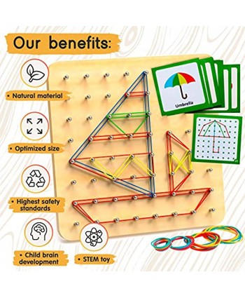 Panda Brothers Wooden Geoboard Montessori Toy Graphical Mathematical Education Toy for Kids with 30 Pattern Cards and 40 Rubber Bands to Create Figures and Shapes Brain Teaser STEM Toy Geo Board