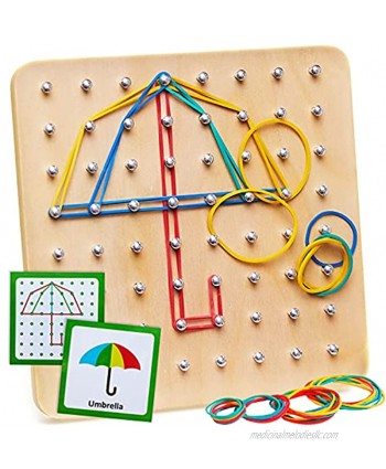 Panda Brothers Wooden Geoboard Montessori Toy Graphical Mathematical Education Toy for Kids with 30 Pattern Cards and 40 Rubber Bands to Create Figures and Shapes Brain Teaser STEM Toy Geo Board