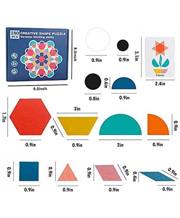 Pattern Blocks 180 Pcs Wooden Geometric Shape Puzzle Kindergarten Classic Educational Tangram Brain Teaser Montessori Toys for Toddlers with 24 Pcs Flash Cards for Kids Ages 4-8 Years Old