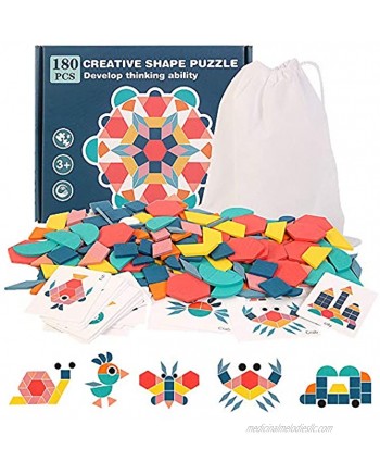 Pattern Blocks 180 Pcs Wooden Geometric Shape Puzzle Kindergarten Classic Educational Tangram Brain Teaser Montessori Toys for Toddlers with 24 Pcs Flash Cards for Kids Ages 4-8 Years Old