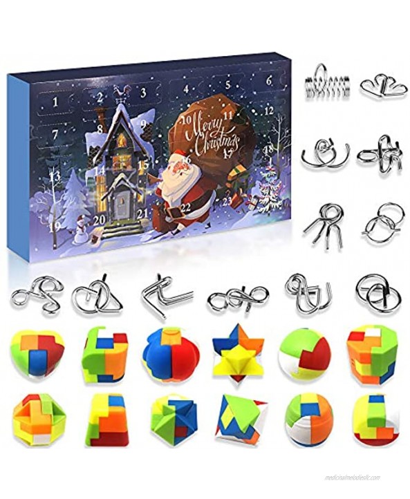 Set of 24 Brain Teaser Puzzles Toys Metal Wire Puzzle Plastic Puzzle Advent Calendar 2021 Countdown Calendar Gift Box for Kids Adults Challenge