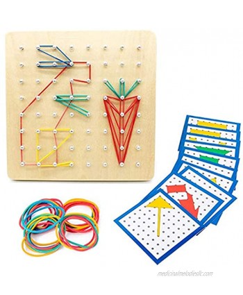SGVV90 Wooden Geoboard Mathematical Manipulative Material Array Block Geo Board with 23Pcs Pattern Cards and Rubber Bands Shape STEM Puzzle Matrix 8x8 Gift for Children Kids