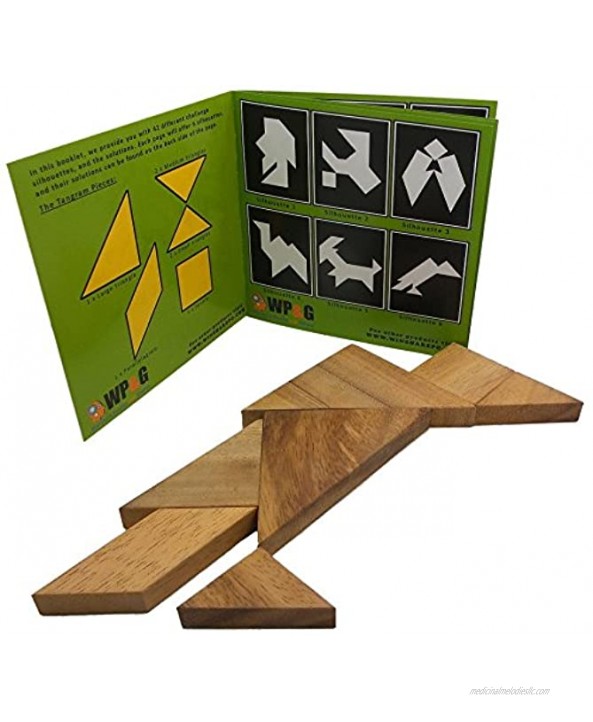 Tangram Wooden Puzzle Geometry Game with 48 Silhouette Tangrams Challenge Booklet