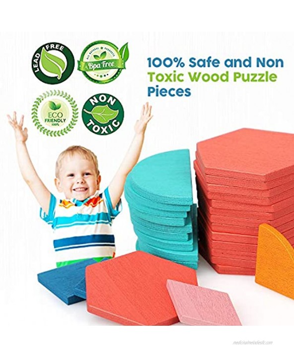 TOY Life 190Pcs Wooden Pattern Blocks for Kids Shape Puzzle Pattern Play Tangram Puzzles for Kids Ages 4-8 Geometric Shapes for Kids Preshool Kindergarten Montessori Toys with 24 Pcs Design Cards