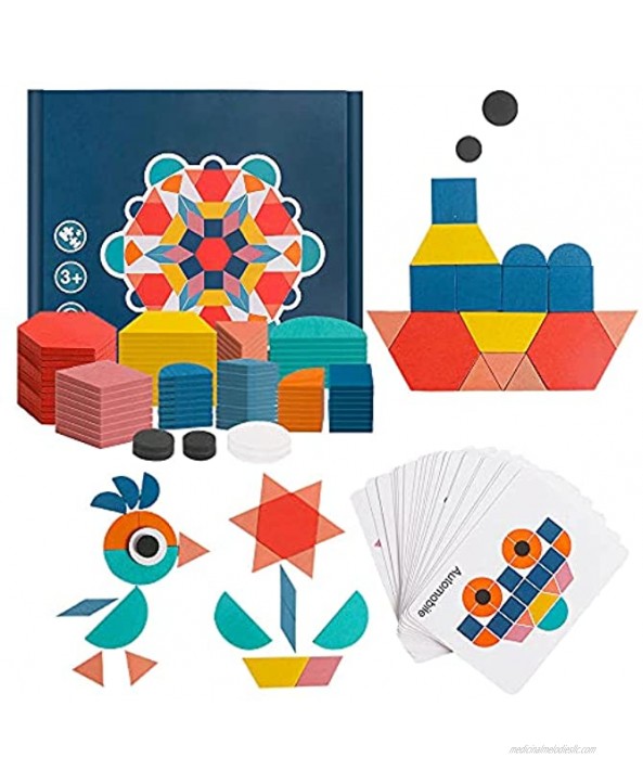 TSYAN Pattern Blocks 180 Wooden Geometric Shapes Jigsaw Puzzles Preschool Learning Montessori Educational Toys Kindergarten Classic Tangrams Brain Teaser Gift with 24 Pcs Flash Cards for Kids Ages 4-8