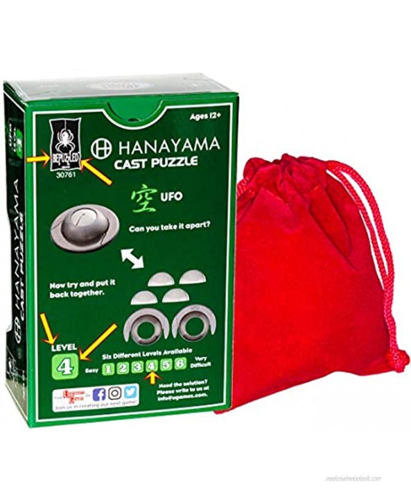 UFO Hanayama Brain Teaser Puzzle New 2019 Release Level 4 Difficulty Rating RED Velveteen Drawstring Pouch Bundled