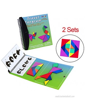USATDD Travel Tangram Magnetic Pattern Block Book Road Trip Game Puzzle Shapes Puzzle Dissection STEM Brain Teasers Challenge IQ Educational Montessori Toy for Baby Toddlers 【2 Set of Tangrams】