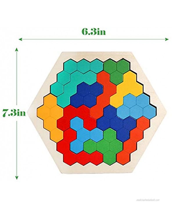USATDD Wooden Hexagon Puzzle for Kid Adults Shape Pattern Block Tangram Brain Teaser Challenge Toy Geometry Logic IQ Game STEM Montessori Educational Learning Gift for All Ages Children Kid Boys Girls