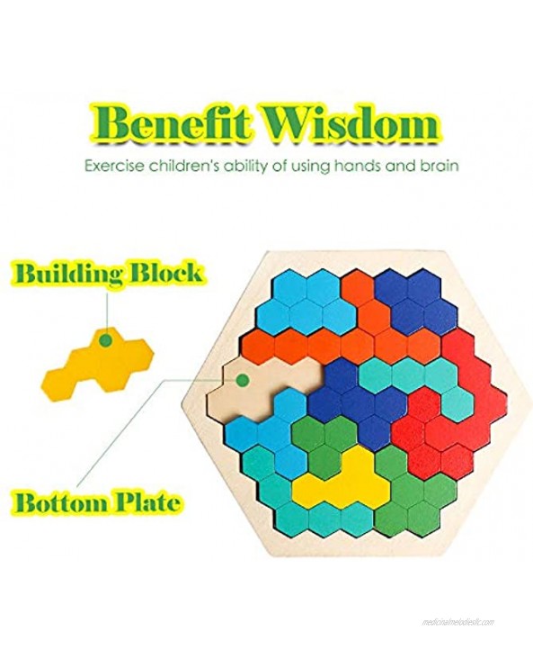 USATDD Wooden Hexagon Puzzle for Kid Adults Shape Pattern Block Tangram Brain Teaser Challenge Toy Geometry Logic IQ Game STEM Montessori Educational Learning Gift for All Ages Children Kid Boys Girls