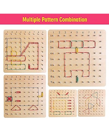 Wooden Geoboard Mathematical Manipulative Matrix 9x9 Material Array Block Geo Board Graphical Educational Tangrams Montessori Toys with Rubber Bands and Flash Cards Shape Math Brain Teaser for Kids