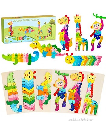 Wooden Toddler Puzzles 6 Pack Animal Shape Jigsaw Puzzles Interlocking & Numbers Rainbow Kids Montessori Toys Sorting Stacking Game Early Learning Educational Gift Game for Ages 3 4 5 Boys Girls