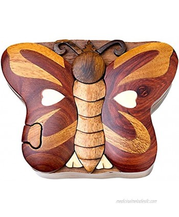 Butterfly Handmade Carved Wood Intarsia Puzzle Box