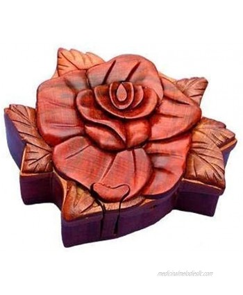 Rose Handmade Carved Wood Intarsia Puzzle Box by The Handcrafted