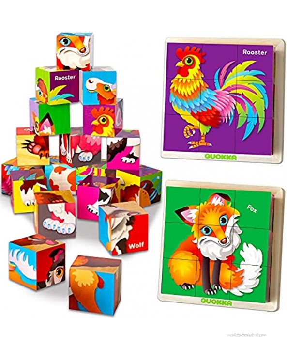 Wooden Block Puzzles for Kids Ages 3-5 by Quokka 2 Sets of 18 Stacking Toddlers Toys 2-4 Years Old Children Matching Cubes for Learning Animals Gift Educational Bulding Game to Boys and Girls