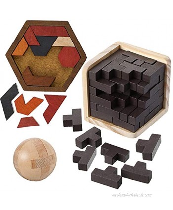 Wooden Brain Teaser Puzzle 1 Piece Wooden Brain Teaser Puzzle Cube 1 Piece Puzzle Wooden Ball 1 Piece Teasers Hexagon Tangram Puzzle for Intellectual Game Entertaining and Educational Tools